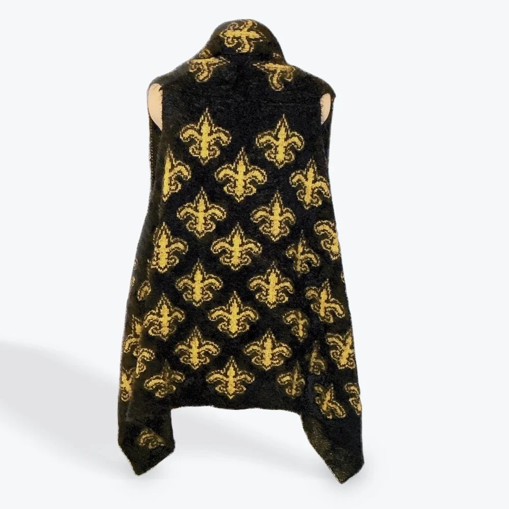 Black Gold Fleur de Lis‎ Fuzzy Knit Vest Women One Size